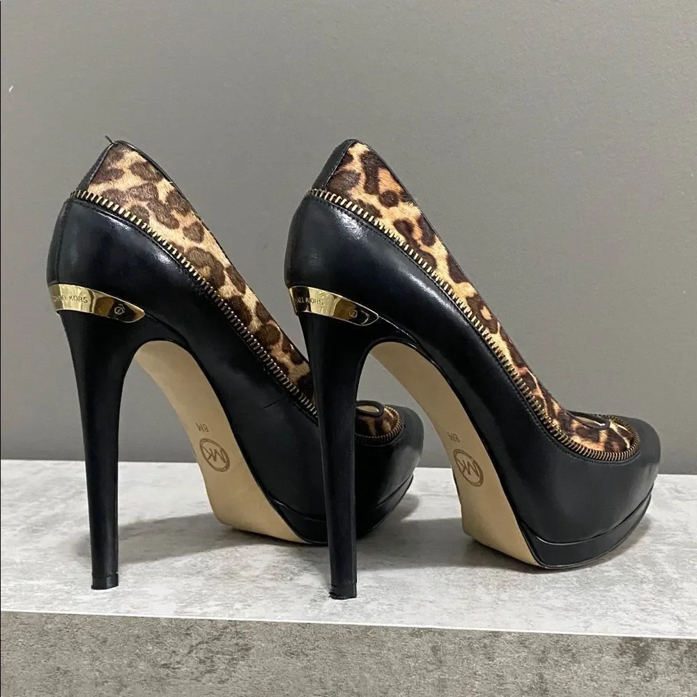 Michael Kors Leopard Cowhide and Black Stiletto Heels Size 8